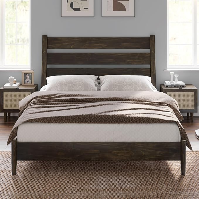 VanAcc Solid Wood Queen Bed Frame, Platform Bed with Reclining Slatted Headboard, Mid Century Bed Frame with Wood Slat Support, Dark Brown