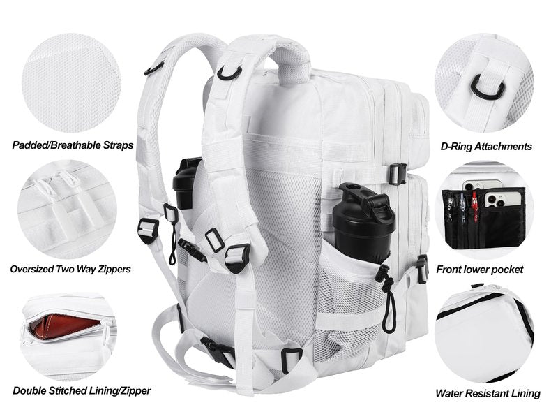 LHI Military Tactical Backpack for Men and Women 45L Army 3 Days Assault Pack Bag Large Rucksack with Molle System - White