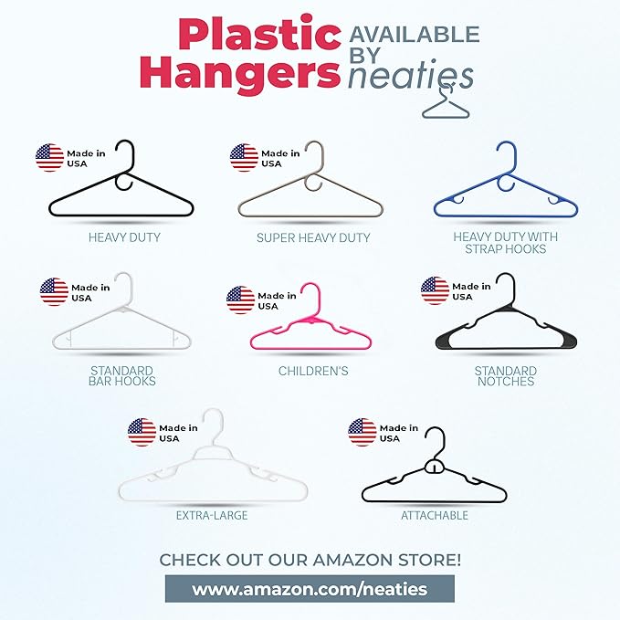 Neaties Plastic Hangers 50 Pack (60 Count) – Made in the USA – 6lb Capacity Standard Clothes Hangers with Strap Hooks for Dresses, Lingerie, Shirts, Pants, and Jackets – Mint