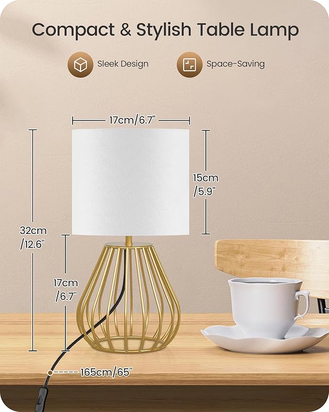 Gold Table Lamp, Small Gold Bedside Lamp with Metal Base & White Linen Lampshade, Modern Nightstand Lamp, Little Cute Desk Lamp for Bedroom, Living Room, 2700K LED Bulb Included, DCW06TL05