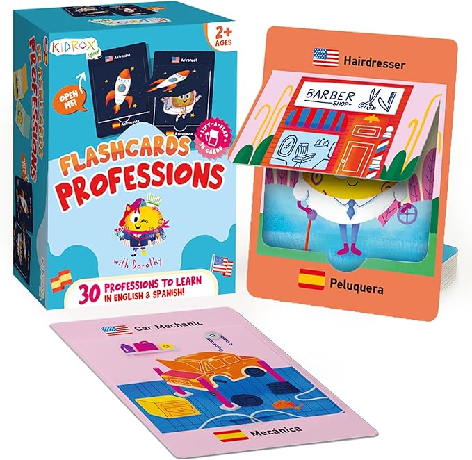 Kidrox Career & Professions Flash Cards, English Learning Cards with Spanish Translations, Interactive Open & Cover, 30 Pack