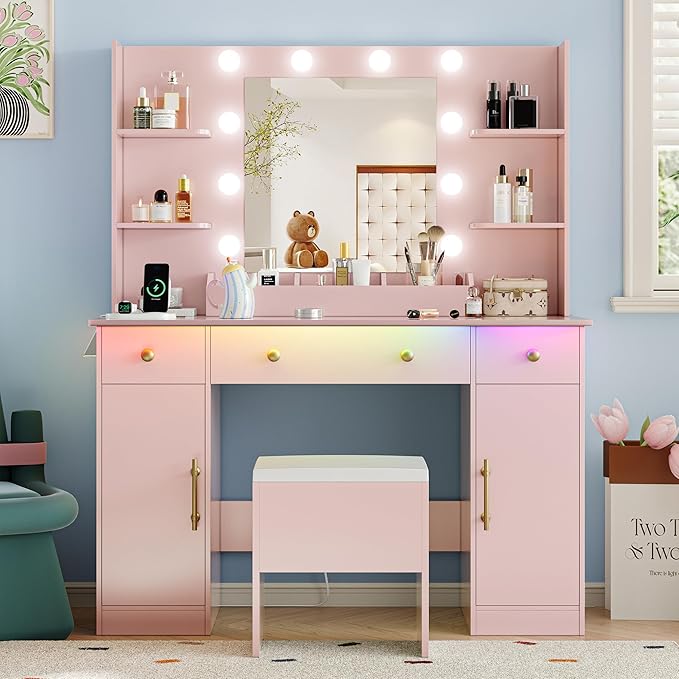 Vanity Desk with Mirror and Lights, Makeup Dressing Table Set with Storage Drawers & Stool, Power Outlet, 3 Lighting Modes Adjustable Brightness & RGB Ambient Light for Women Girls Bedroom, Pink