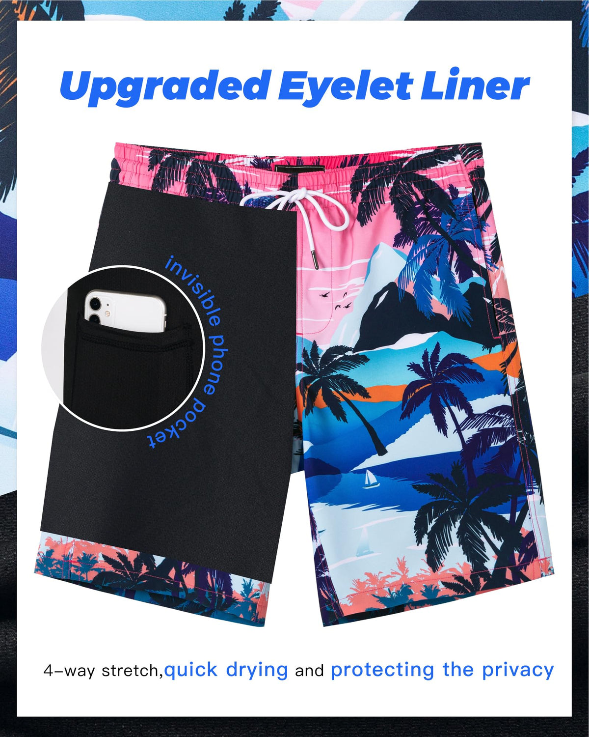 SURF CUZ 9" Mens Swim Trunks with Compression Liner Swimming Shorts 2 in 1 Stretch Quick Dry Zipper Pockets,Paradise Palms,L