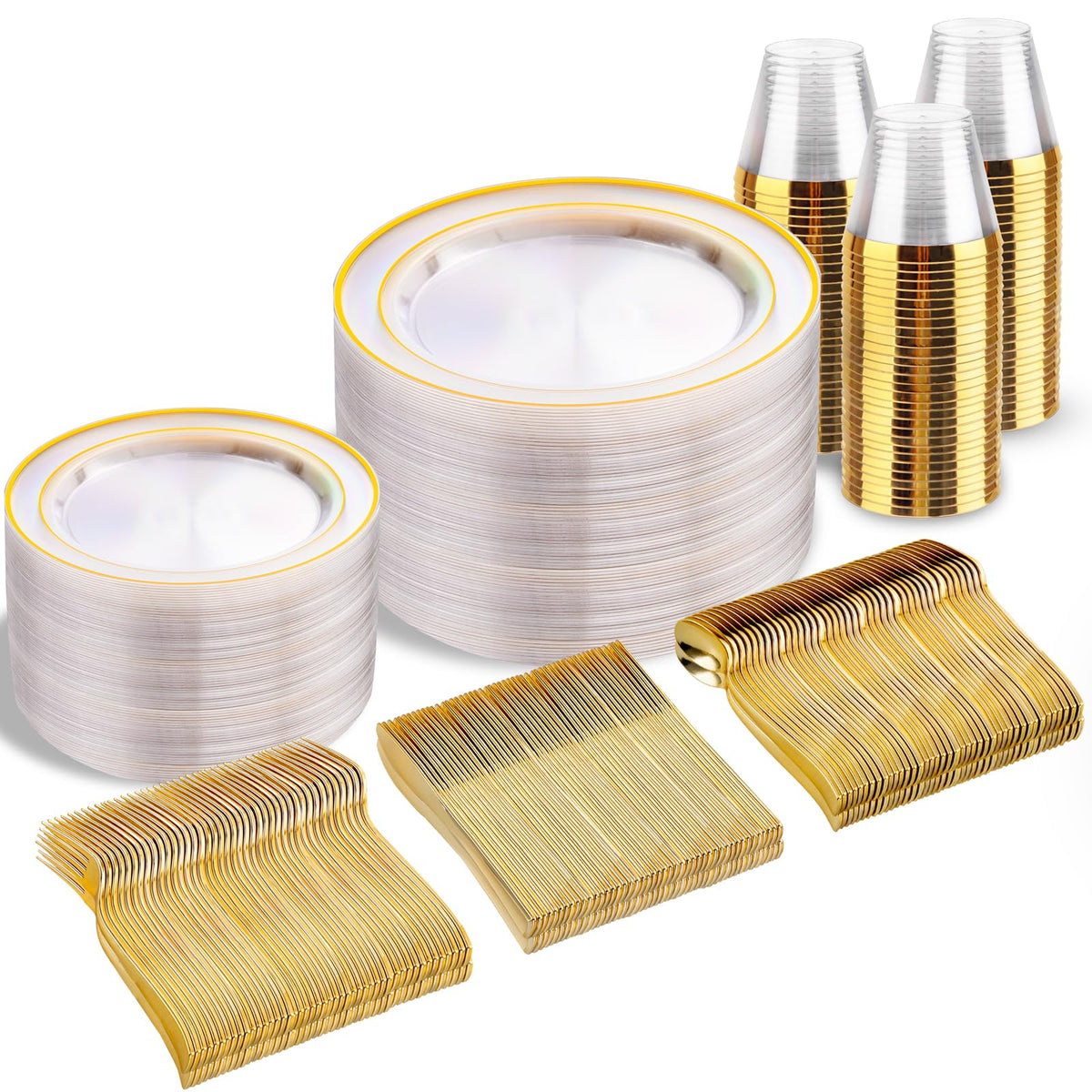 bUCLA 600PCS Clear Rose Gold Plastic Dinnerware Set Disposable - Include 100 Dinner Plates, 100 Dessert Plates, 100 Knives, 100 Forks, 100 Spoons, 100 Cups for Party & Wedding