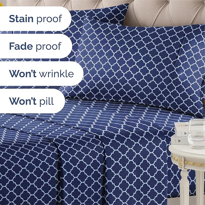 Blue Geometric Bed Sheets - 1 Flat & 1 Fitted Sheet & 2 Pillowcases w/ Deep Pockets – Wrinkle & Fade Free- Ultra-Soft, Breathable and Cooling - Luxury Moroccan Bed Set – Queen Size - Navy Quatrefoil