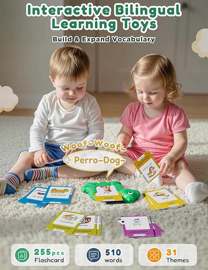 Spanish and English Talking Flash Cards for Toddlers with 510 Sight Words, Dinosaur Shaped Bilingual Buddy Pocket Speech Therapy Autism Toys, Educational Learning Toys Gift for Kid Boys Girls