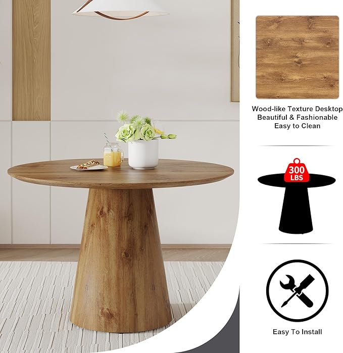 45 Inch Round Dining Table Set for 6, 7 Piece Kitchen Table and Chairs Set, Wooden Table with Light Walnut Finish, Small Space Dining Set for Apartment or Dining Room