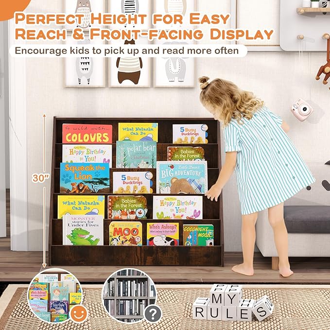 KOTEK 5-Tier Kids Bookshelf, Wooden Floor Display Shelf for Books and Magazines, Toddler Bookcase, Montessori Book Shelf for Kids Room, Daycare, Preschool, Classroom (Rustic Brown)