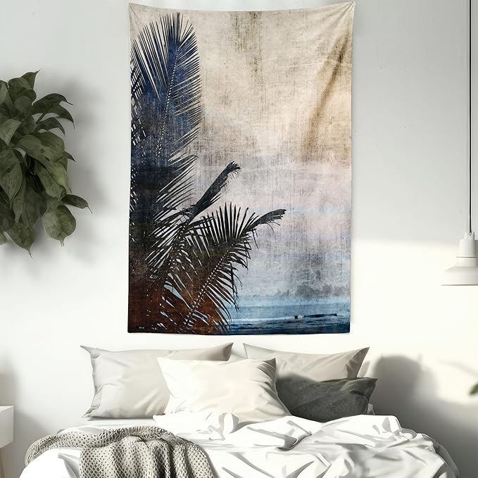 Ambesonne Hawaiian Tapestry Twin Size, Palm Tree Leaves on Grunge Background with Sea Vintage Waterscape Illustration, Wall Hanging Bedspread Bed Cover Wall Decor, 68" X 88", Beige Indigo