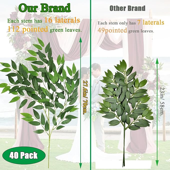 Artificial Italian Ruscus Greenery Stems, Faux Green Leaf Garland Branches Hanging Greenery Spray for Wedding Bouquet Arch Table Centerpiece Home Decor (Green-40 Pack)
