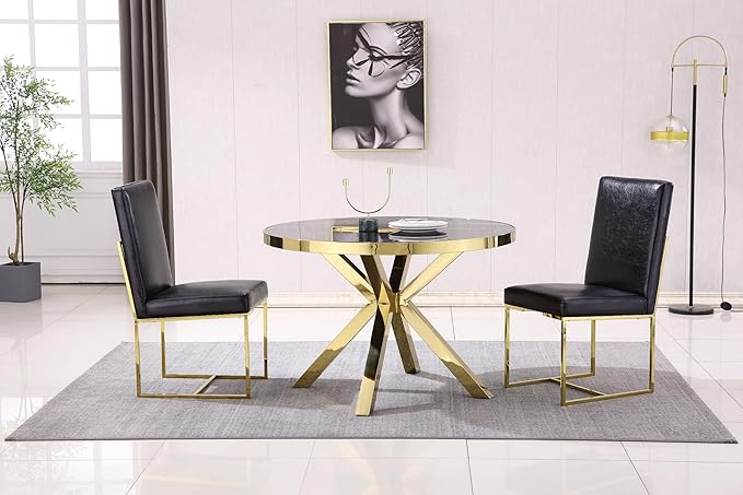 AUZ Dining Chairs, Black Faux Leather Upholstered Dining Room Chairs with Polished Gold Stainless Steel Sled Legs, Set of 10