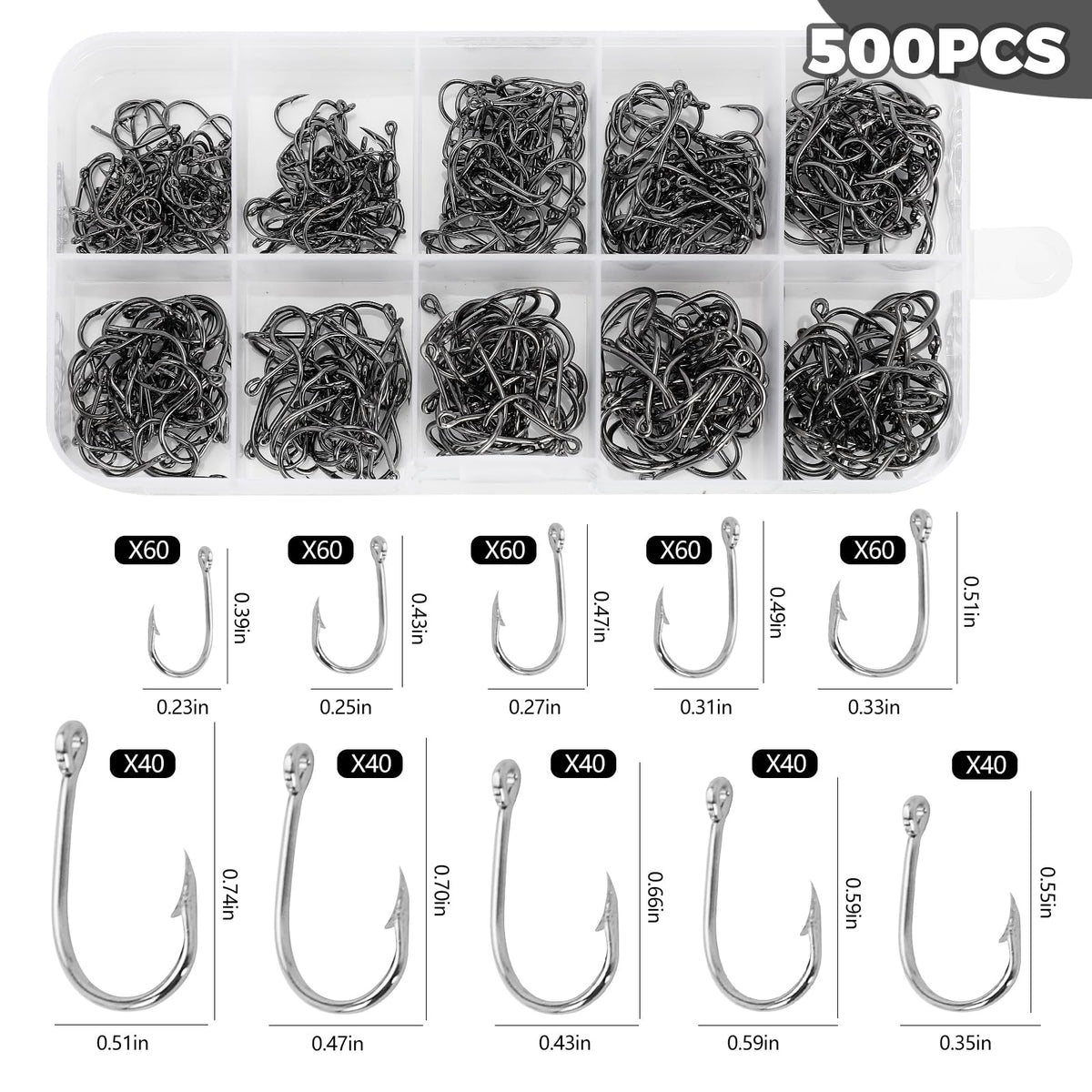 Worutuk 500 Pcs Carbon Steel Fishing Hooks Set with 10 Sizes, Universal Octopus Hooks for Saltwater Freshwater Ice Fishing