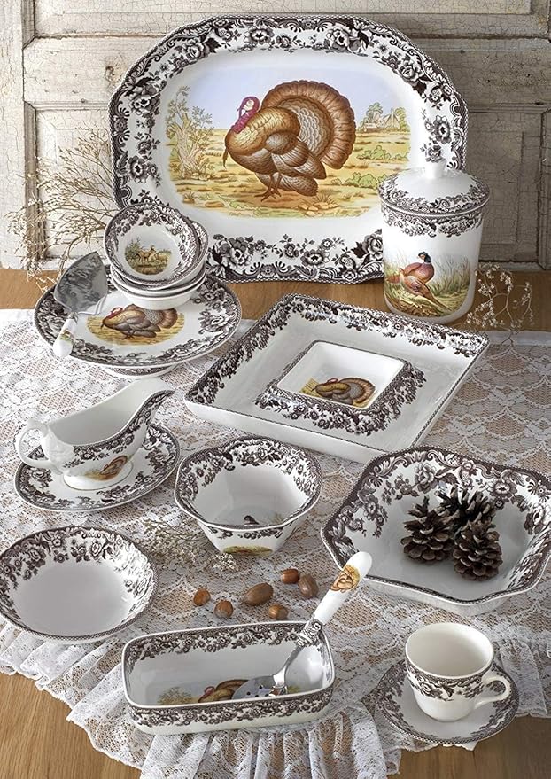 Spode Woodland Turkey Square Chip and Dip, 12"