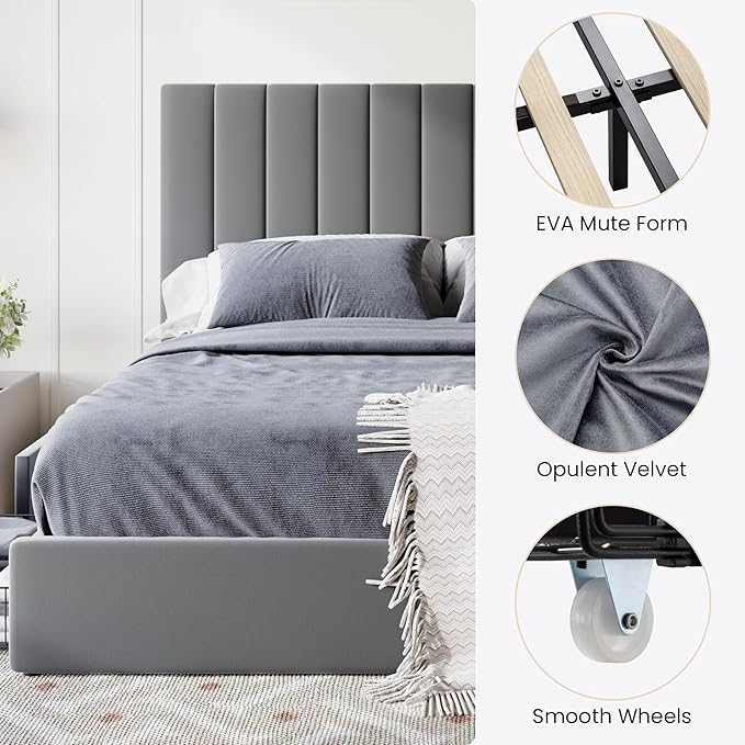 SHA CERLIN Queen Size Platform Bed Frame with 4 Storage Drawers, Vertical Channel Tufted Adjustable Headboard, Velvet Upholstered, Wooden Slats Support, No Box Spring Needed, Easy Assembly, Grey