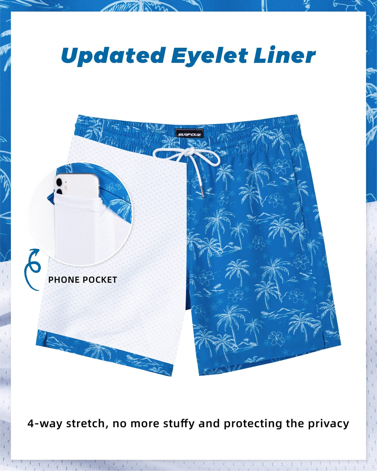 SURF CUZ Mens Swim Trunks with Compression Liner Quick Dry Swim Shorts 7" Swimming Trunks Stretch Zipper Pockets Blue Palm Island Small