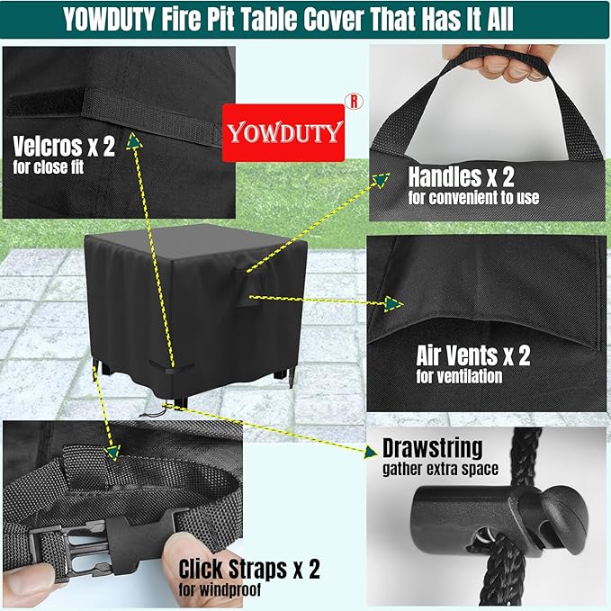 YOWDUTY Propane Fire Pit Cover Square 36x36x25 Inch, Waterproof Heavy Duty 600D Patio Gas Fire Table Cover 36 Inch, Fit 34/35/36 Inch Firepit Table, All-weather Protection For Outdoor Fireplace