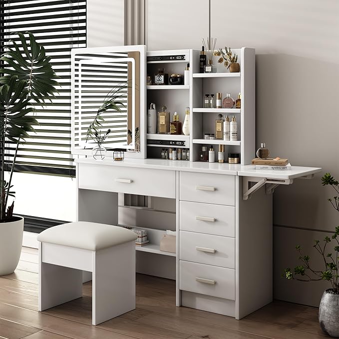Stylish Vanity Desk with Mirror and Lights, White Dressing Table Set with Chair, 5 Drawers & Open Shelves, Adjustable 3-Color LED Lighting, Perfect for Bedroom Makeup