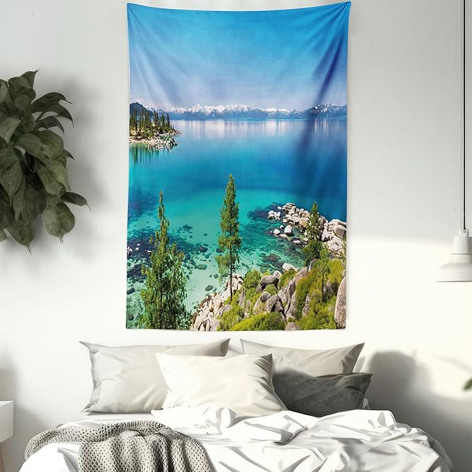 Ambesonne Blue Tapestry, Tranquil View of Lake Tahoe Sierra Pines on Rocks with Turquoise Waters Shoreline, Fabric Wall Hanging Decor for Bedroom Living Room Dorm, 23" X 28", Blue Grey Green
