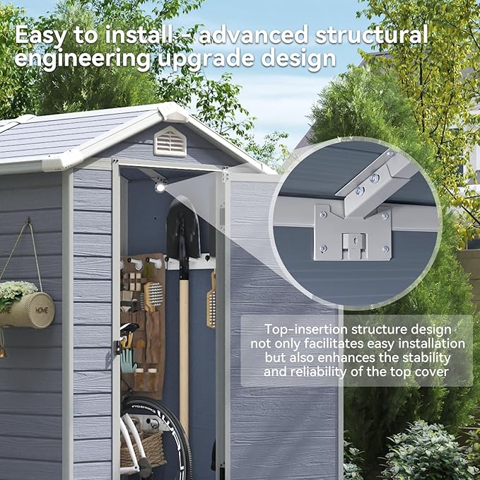 Aoxun 4'x6' Resin Outdoor Storage Shed Utility Tool Shed Storage House, Multi-Purpose Utility Tool House Applicable for Bike, Clutter Storage for Backyard, Patio - Gray
