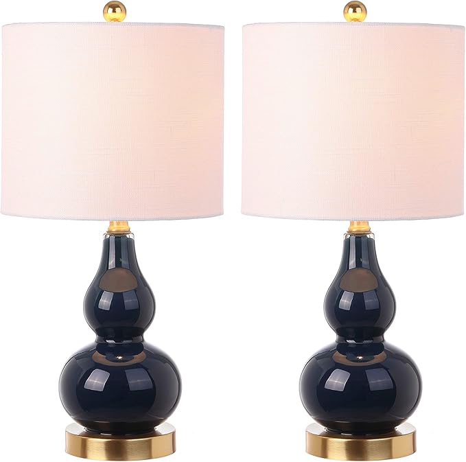 JONATHAN Y 20.5" Navy Glass Table Lamp, Modern Gourd Bedside Nightstand Lamp for Bedroom, Living Room, White Linen Shade, LED Bulb Included (JYL1028F-SET2)
