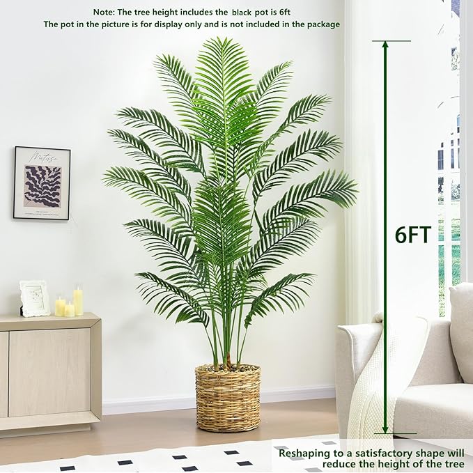 2 Pack Artificial Palm Tree 6FT Artificial Plants Indoor Tropical Fake Palm Tree Areca Floor Plant in Black Pot with 18 Trunks & Real Bark Design, Faux Palm Plant for Outdoor Patio Home Office Decor