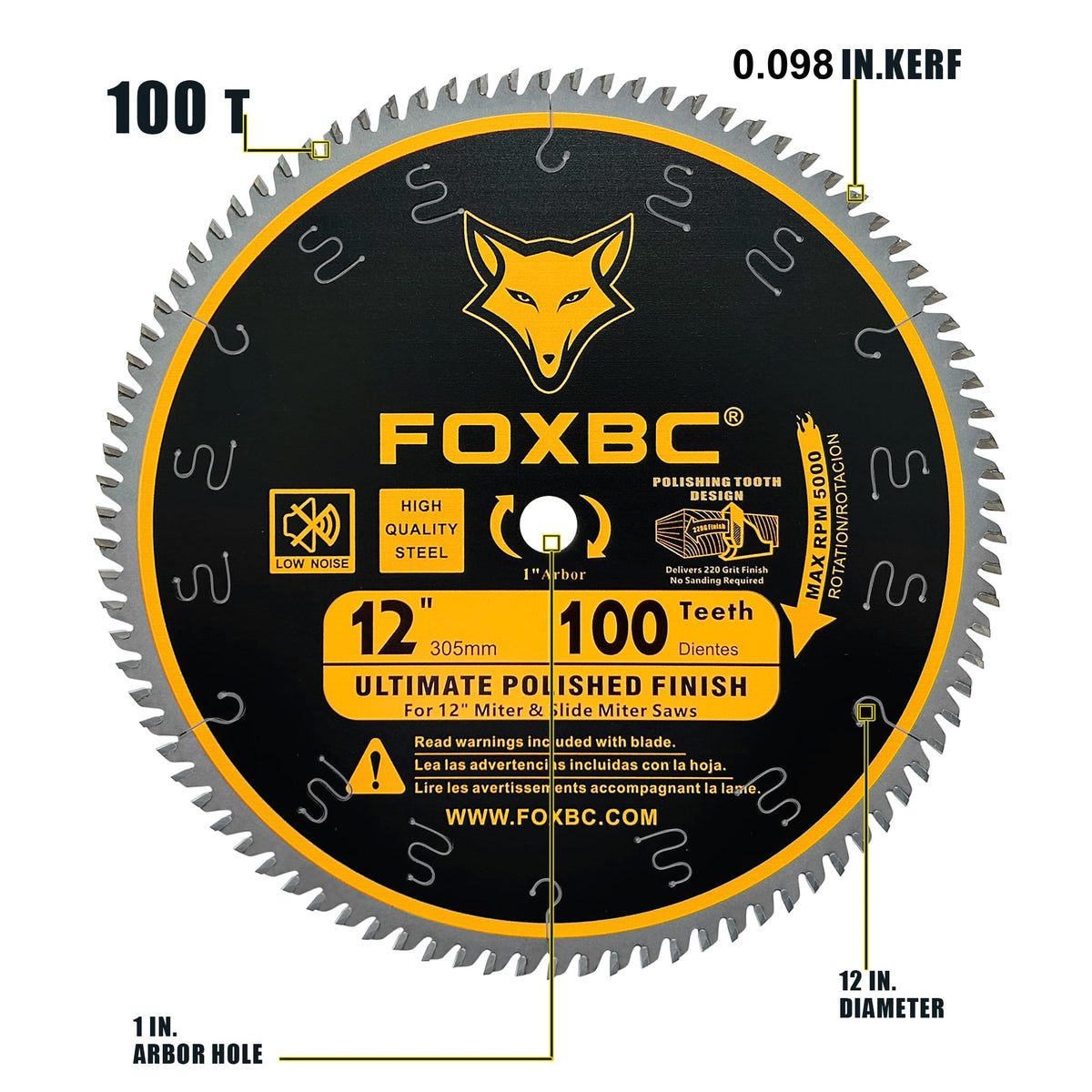 FOXBC 12 Inch Miter Saw Blade 100 Teeth Ultimate Polished Finish Saw Blade for Wood with 1 Inch Arbor