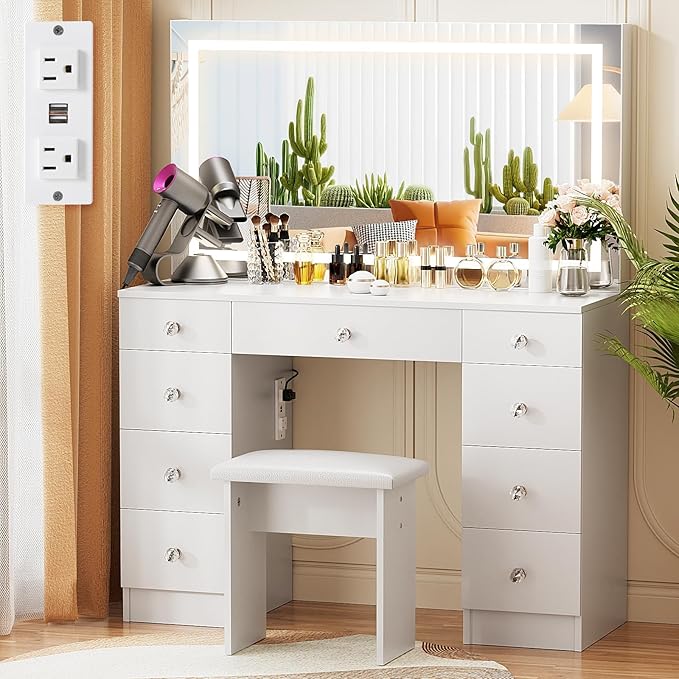 VOWNER Vanity With Lighted Mirror - Makeup Desk With Power Outlet and 9 Drawers, 3 Color Lighting Modes Adjustable Brightness, 43" Table With Soft Cushioned Stool for Bedroom, White