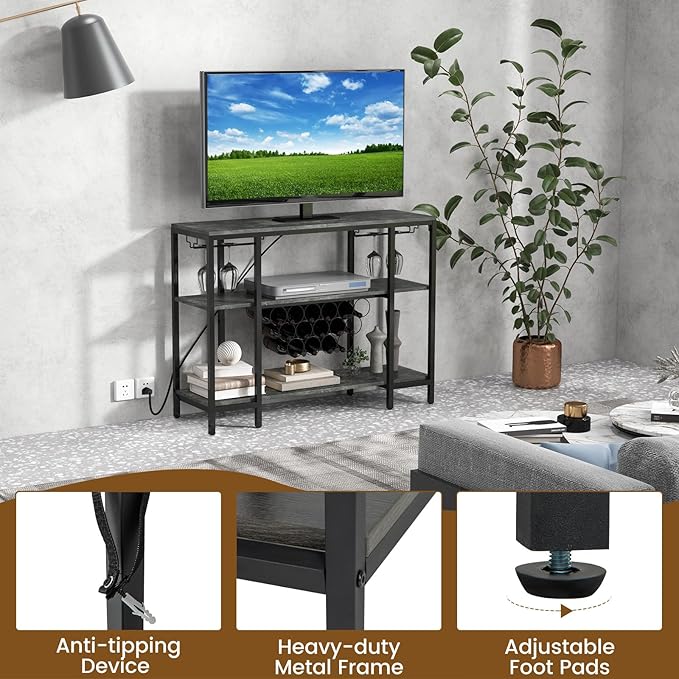 COSTWAY Wine Bar Cabinet, 3-Tier Home Mini Bar for Liquor w/Power Outlets, Glass Holder, Wine Rack, Anti-Tipping Kit, Metal Coffee Bar Table for Home Apartment Kitchen Living Room Pub (Black & Grey)