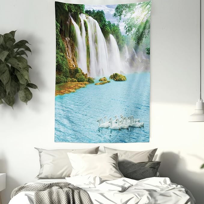 Ambesonne Waterfall Tapestry Twin Size, Image of a Grand Waterfall with Swans in the Lake Sunny Day Nature Print, Wall Hanging Bedspread Bed Cover Wall Decor, 68" X 88", White Green