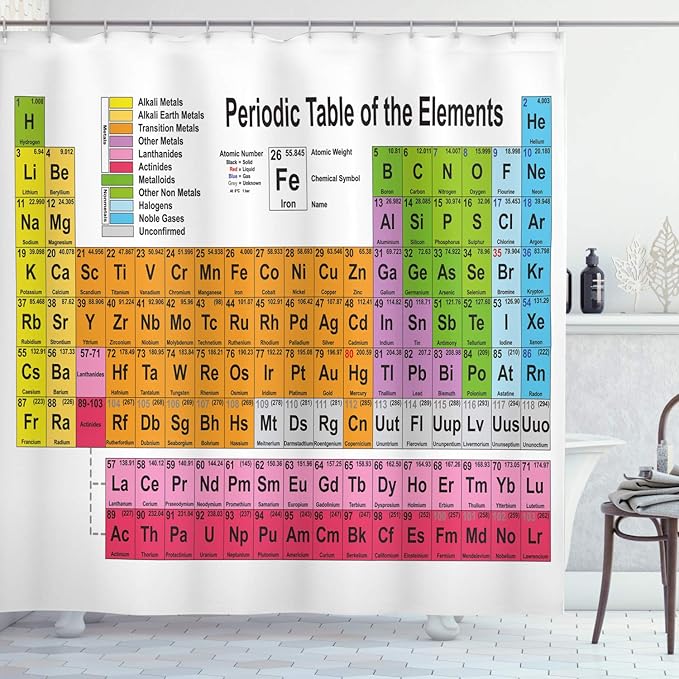 Ambesonne Periodic Table Shower Curtain Home & Classroom Decorations Science Freak Chemistry Lovers Colorful Element Table for Fun Learning Image Cloth Fabric Set with Hooks 69" W x 75" L, White Pink