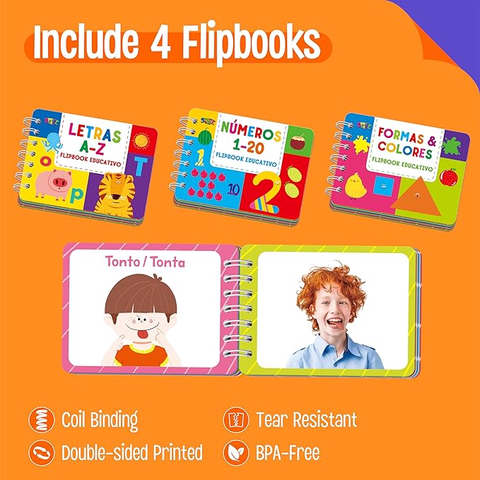 4 Spanish Learning Flipbooks, Double-Sided Printed Mini Book Set, Alphabet A-Z, Number 1-20, Feelings and Emotions, Shapes and Colors Mini Board Books Set, Early Educational Tool for Kids