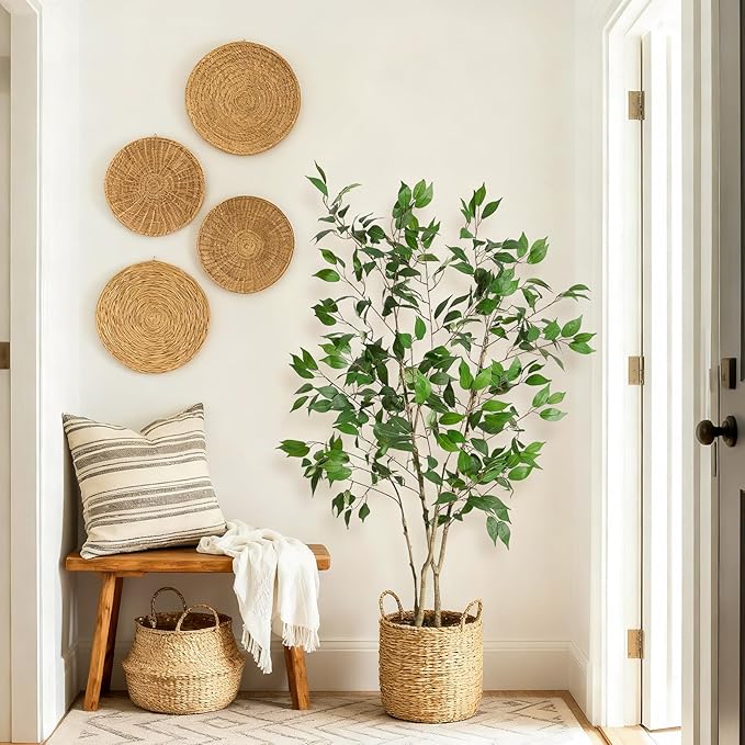 5FT Ficus Trees Artificial Indoor, Faux Silk Plant with Natural Wood Trunk and Lifelike Fruits, White Imitation Ceramic Planter with Green Fake Moss for Modern Home Office Living Room Decor