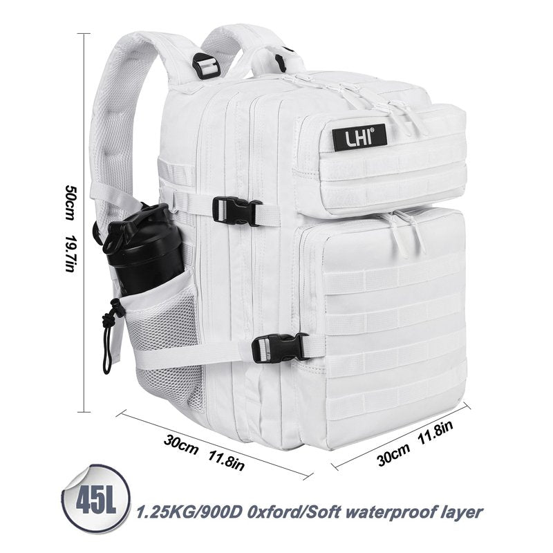 LHI Military Tactical Backpack for Men and Women 45L Army 3 Days Assault Pack Bag Large Rucksack with Molle System - White