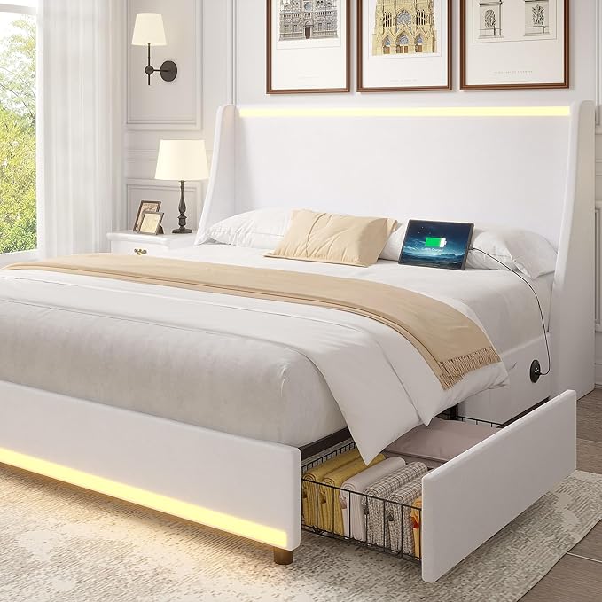 VECELO Full Size Bed Frame with Storage Drawers, Upholstered Platform Bedframe with Wingback Headboard, No Box Spring Needed, White