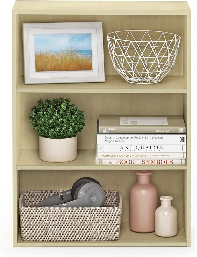 Furinno PASIR Book Shelf, 3-Tier Bookshelf, Storage Shelves Bookcase, 9.7 x 23.7 x 31.5, for Living Room, Bedroom, Home Office, Steam Beech