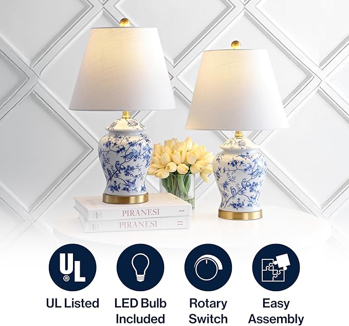 JONATHAN Y 22" Blue/White Ceramic Table Lamp, French Country Chinoiserie Ginger Jar LED Bedside Lamp for Living Room Bedroom, White Linen Shade (JYL3005A-SET2)