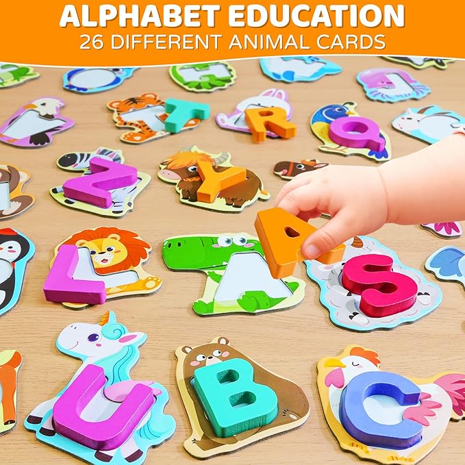 BEESTECH Animal Alphabet Flash Cards, Wooden Letter Puzzle, Educational ABC Learning Toys for 3 4 5 Year Old Boys Girls Toddlers, Preschoolers Matching Game