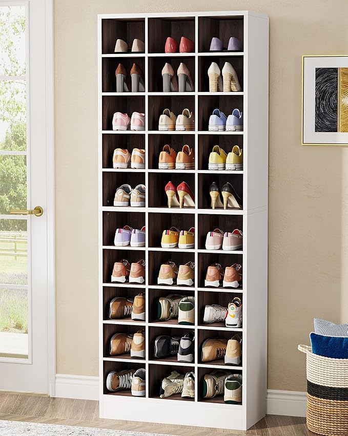 Tribesigns 10-Tier Shoe Storage Cabinet Set of 2, White and Brown Wooden Shoe Rack with 30 Cubbies, Freestanding Tall Entryway Shoe Organizer for Closet, Entryway, Living Room