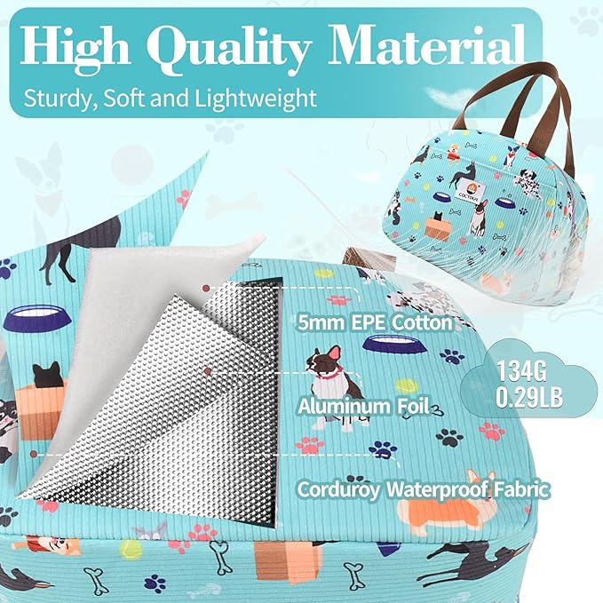 CaCTPUR Lunch Box for Women Girls Teens,Cute Lunch Box Cooler Bag, Portable Insulated Small Lunch Bag Women Reusable Corduroy Lunch Tote for Work/Travel/Picnic/School (Dog Green,Small)