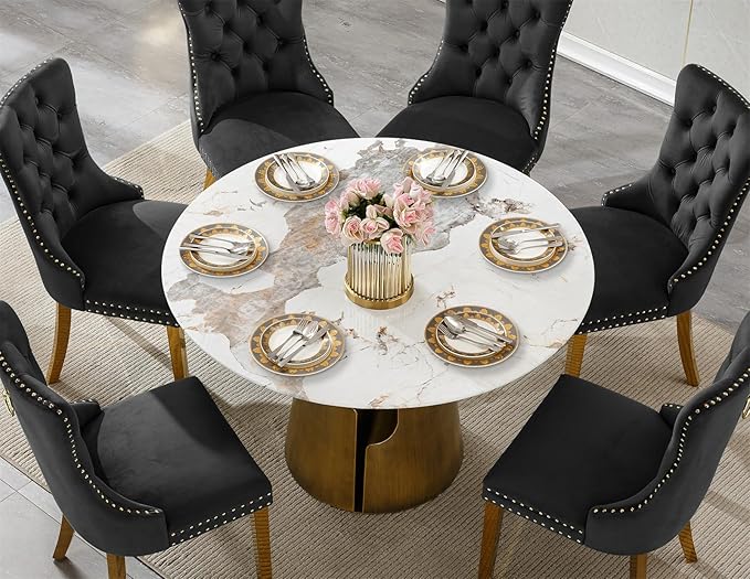 7-Piece Faux Marble Round Dining Table Set for 6, Modern Luxury Kitchen Table Set for 6 with Black Tufted Chairs,Circle Dining Tables with Pandora Grain Top and Bronze Pedestal Base