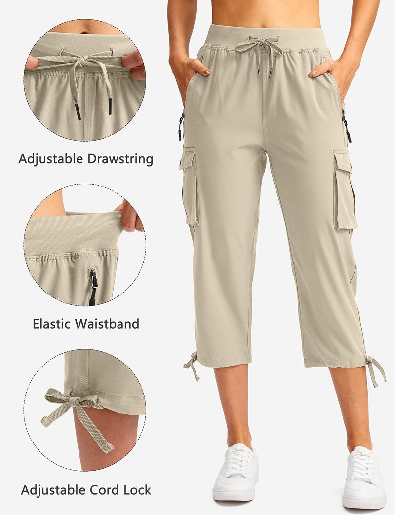 Soothfeel Women's Cargo Capris Pants with 6 Pockets Lightweight Quick Dry Travel Hiking Summer Pants for Women Casual (Khaki, XL)