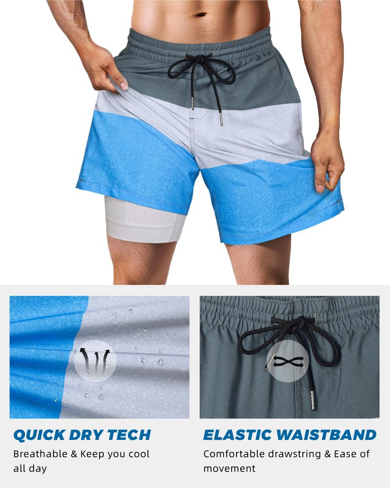 SURF CUZ Mens Swim Trunks with Compression Liner Quick Dry Swim Shorts 7" Swimming Trunks Stretch Zipper Pockets,Glacier Stripes,M