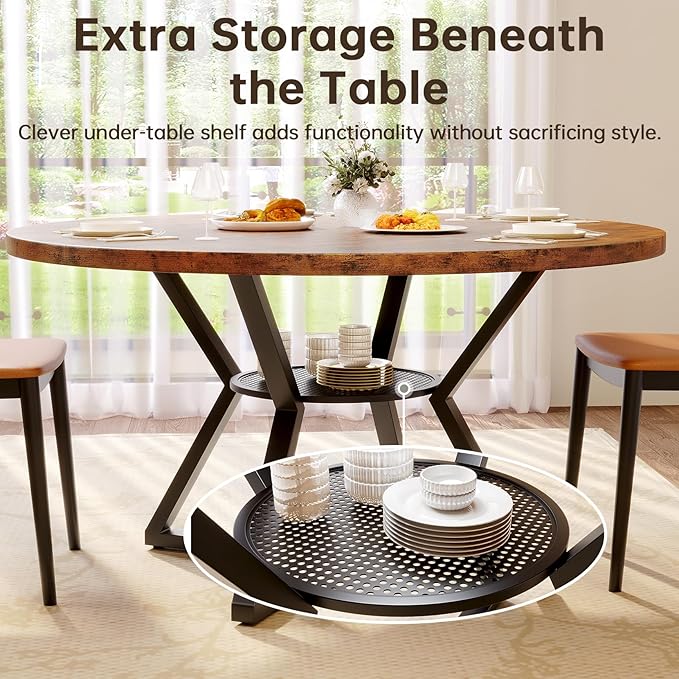 Concho 47" Round Kitchen Dining Room Table for 4-6,Circle Dining Dinner Table with Pedestal Metal Frame,Space Saving Wood Kitchen & Dining Room Furniture, Rustic Brown