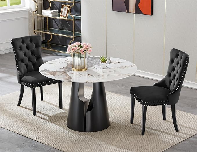 3-Piece Faux Marble Round Dining Table Set for 2, Modern Luxury Kitchen Table Set for 2 with Black Tufted Chairs,Circle Dining Tables with Pandora Grain Top and Black Pedestal Base