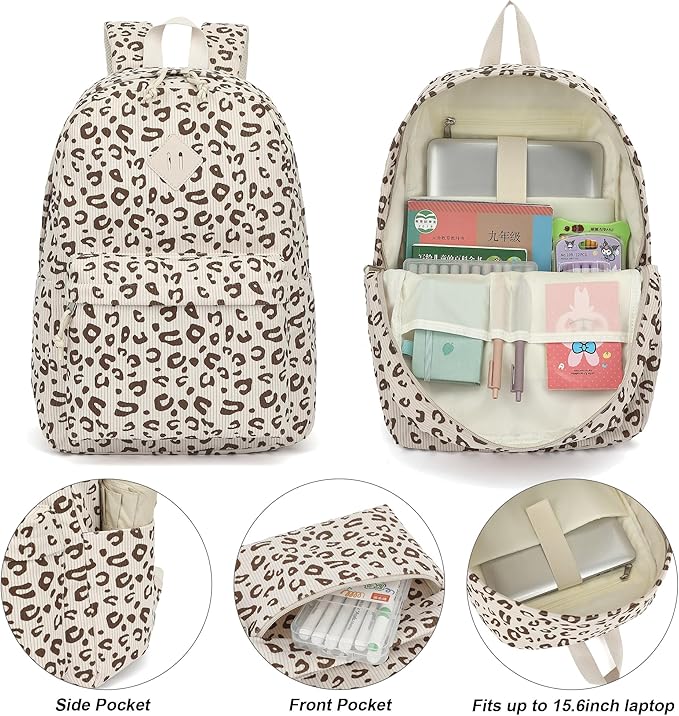 Corduroy Girls Backpack Set, 3PCS School Backpacks for Kids Elementary Middle School Bags with Lunch Box Pencil Case (Beige Corduroy Leopard)
