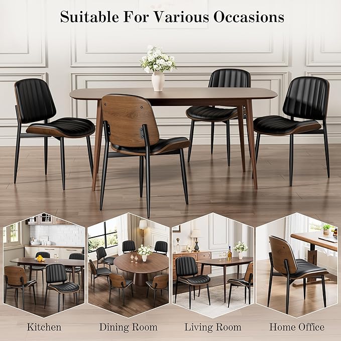 Dining Chairs Set of 2, Mid-Century Modern Upholstered PU Leather Chairs with Walnut Bentwood Back and Metal Legs Adjustable Feet for Kitchen Dining Living Room, Dark Black Vertical Stripes