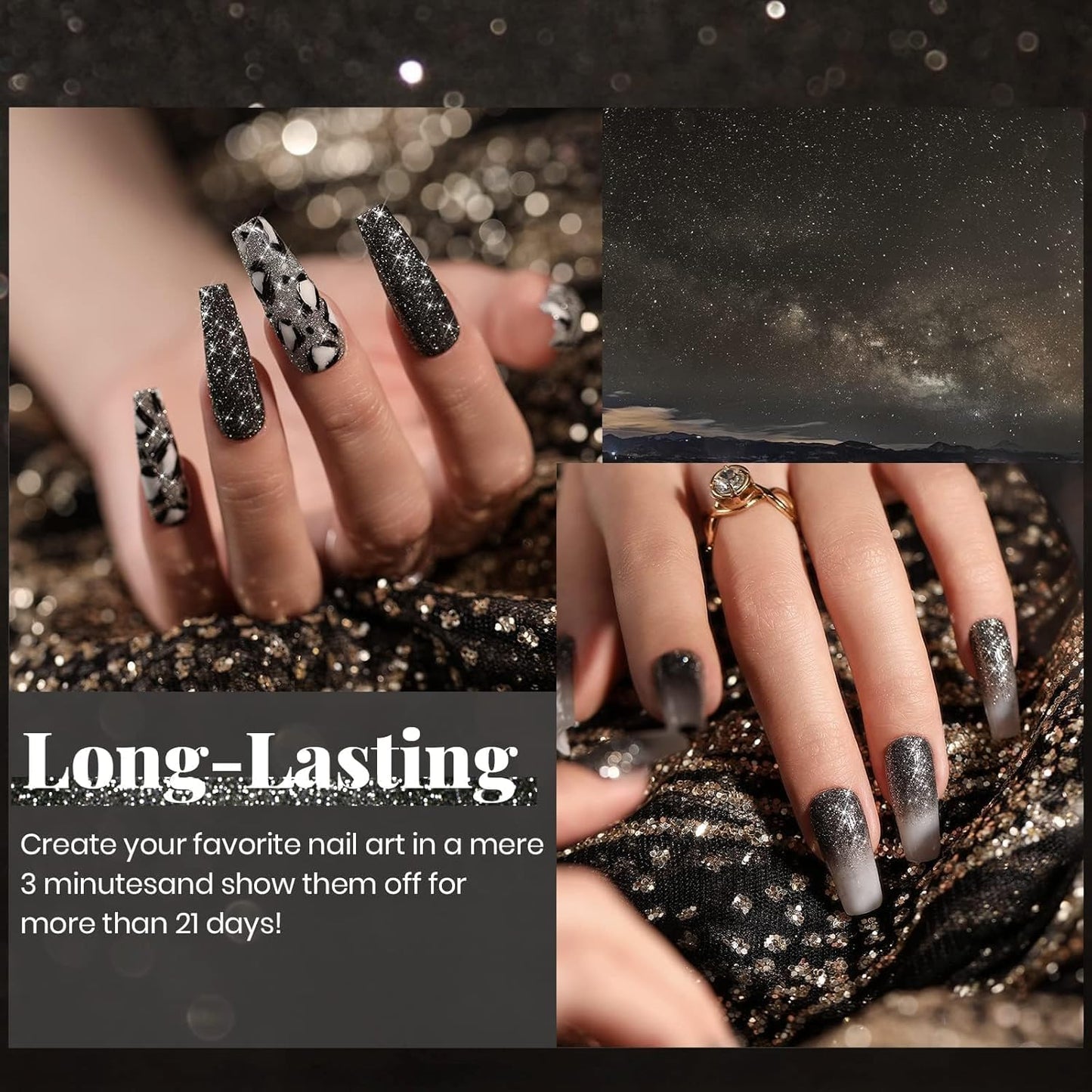 Beetles Black Gel Nail Polish, 1Pcs 15ML Glitter Gel Nail Polish Black Sparkle Reflective Shimmer Color Soak Off UV Lamp Disco Nail Art Manicure Salon DIY at Home Gifts for Her