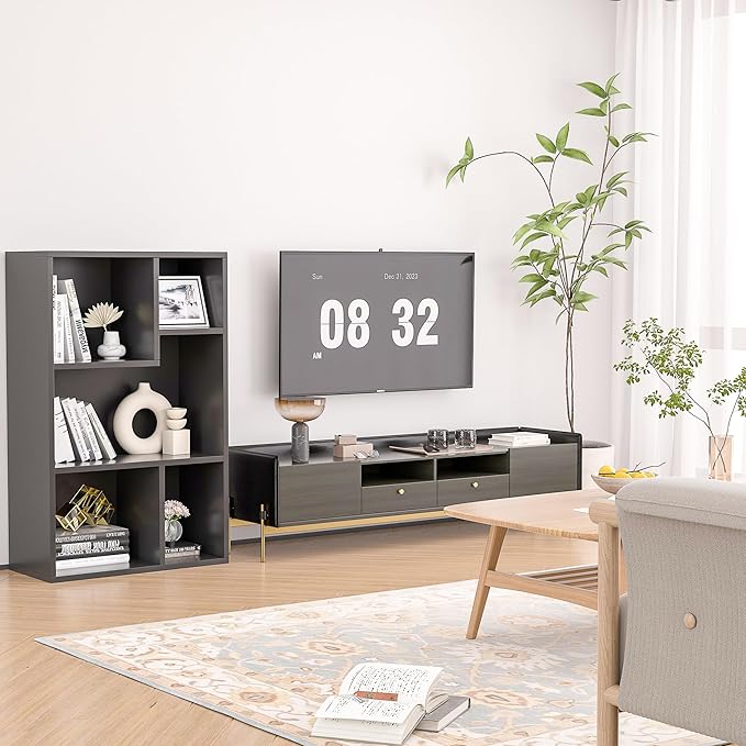 VECELO Modern Bookshelf, 5 Cube Shelf, Fits Tallest Hardcovers, Horizontal Available, Storage Organzier for Home Office, Black