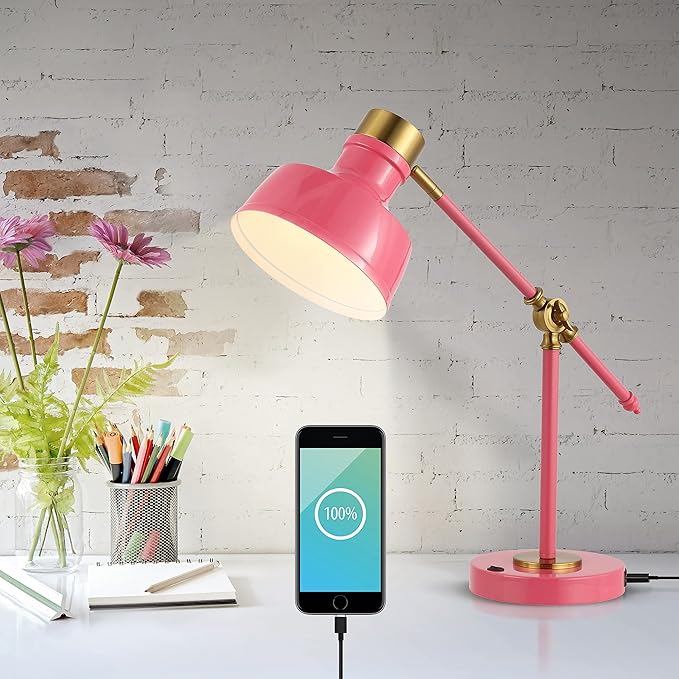 JONATHAN Y 18.5" Pink/Brass Gold Adjustable Cantilever LED Task Lamp with USB Charging Port, Vintage Farmhouse Desk Lamp for Home Office Reading, Metal Shade (JYL7124D)
