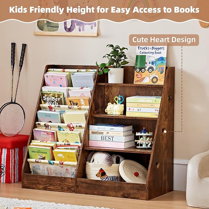 Lerliuo 4 Tier Kids Bookshelf and Storage Organizer, Five Layer Sling Children Bookcase, Baby Toddler Wooden Book Shelf, Display Cabinet for Playroom, Bedroom, Classroom, Nursery, School (Brown)